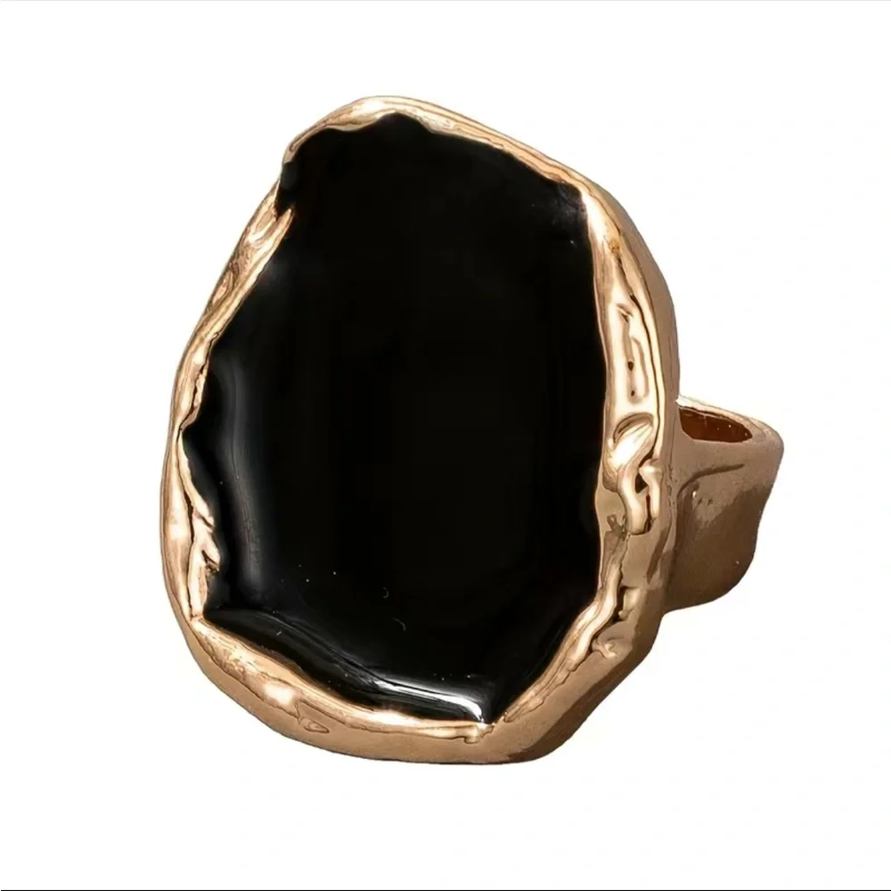 New Yellow Gold Plated Black Statement Retro Chunky Resin Acrylic Ring - Picture 3 of 7